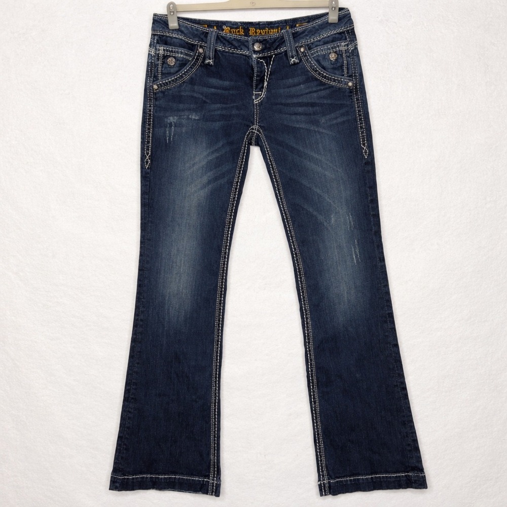Rock Revival Elizabeth Wide Leg Jeans Distressed 29x34 Low Rise Y2K Thick Stitch